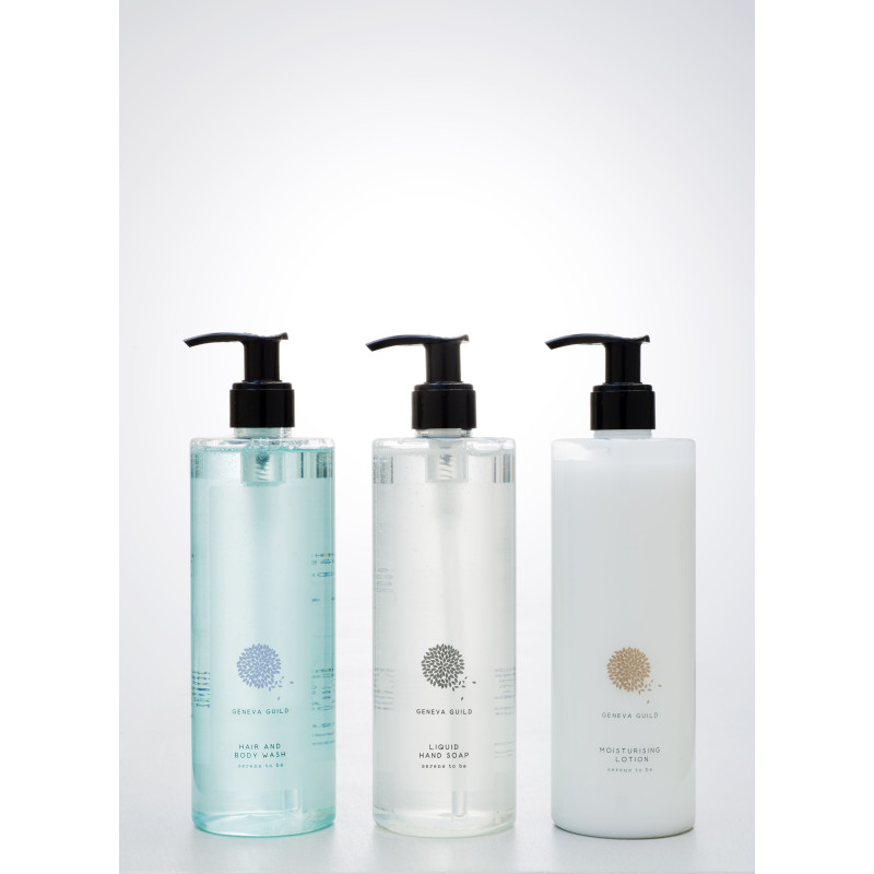Scatola campioni dispenser  Linea GENEVA GUILD:  Shampoo e bagno schiuma, Sapone liquido per mani , Crema corpo 380 Ml 10 Pz