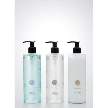 Scatola campioni dispenser  Linea GENEVA GUILD:  Shampoo e bagno schiuma, Sapone liquido per mani , Crema corpo 380 Ml 10 Pz