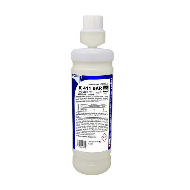 LAVASTOVIGLIE K 411 BAR LT 1 KITER Detergente liquido cloroattivo per macchine lavabicchieri con flacone dosatore