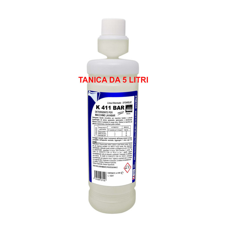 LAVASTOVIGLIE K 411 BAR LT 5 KITER Detergente liquido cloroattivo per macchine lavabicchieri